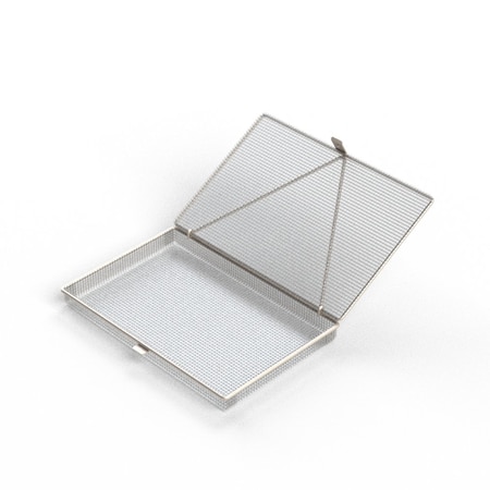 Anysizebasket Light Duty Basket: 12Lx8Wx1H, 304 SS, Hinged Lid with Thumb Clasp, No Handles, Mesh: 4 x .032 FLB-120080010-L04S